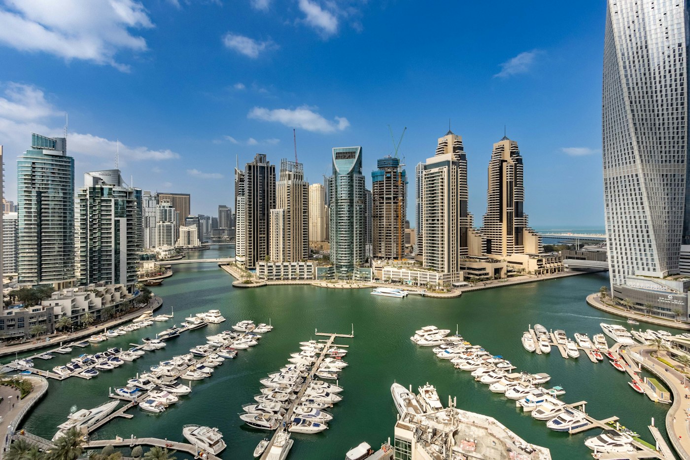 Boats and waterfront towers in Dubai Marina